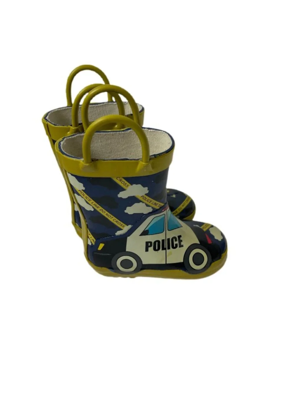 Kids Rain Boots Police Car Pattern Blue/Yellow Pull-On Handles Rubber Size 5